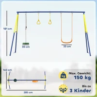AIYAPLAY Schaukelgestell bis 150 kg 3-in-1 Kinderschaukel mit klassischer Schaukel, Turnringe, Stehschaukel, 285x160x181 cm(m-3)