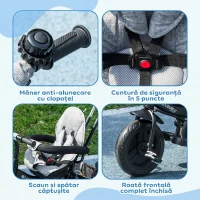 HOMCOM Triciclu pentru Copii cu Mâner 6 în 1, Acoperiș Reglabil și Centură de Siguranță, Vârsta 1-5 Ani, Gri(m-7)