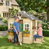 Outsunny Casita Infantil de Juegos Exterior para Niños de 3 -7 Años con Ventanas 2 Jardineras y 1 Banco 113x94x134,5 cm Natural(m-2)
