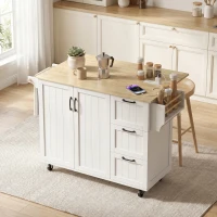 HOMCOM Îlot Central Cuisine avec Plateau Rabattable 2 Prises et 2 Ports USB Desserte de Cuisine sur Roulettes 3 Tiroirs Blanc(m-17)