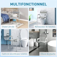 HOMCOM Chaise percée toilette pliable antidérapante hauteur réglable, siège et accoudoirs rembourrés, charge 150 kg, Gris(m-4)