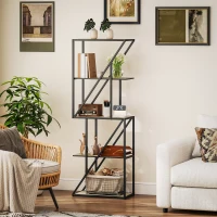 HOMCOM Librería de 5 Niveles Estantería para Libros Industrial con Estantes Abiertos y Marco de Acero 60x30x165 cm Roble(m-6)