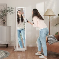 HOMCOM Armoire à Bijoux pivotante verrouillable boîte à bijoux avec Miroir - Armoire Bijoux Multi-Rangement - en Bois Blanc(m-2)