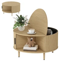 HOMCOM Table Basse Ronde 80 cm avec Plateau Relevable et Rangement Caché, Porte Coulissante à Rainures, Bois Naturel(m-15)
