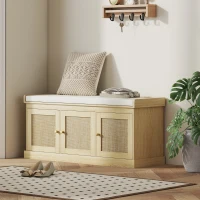 HOMCOM Banc chaussures entrée 9 paires, banc de rangement, 3 portes en rotin, coussin et étagère réglable, 105x35x47cm, chêne(m-11)