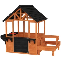 AIYAPLAY Cabane enfant extérieur en bois maison enfant extérieure table bancs évier porte fenêtre supports de fleurs marron(m-1)
