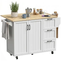 HOMCOM Îlot Central Cuisine avec Plateau Rabattable 2 Prises et 2 Ports USB Desserte de Cuisine sur Roulettes 3 Tiroirs Blanc(m-18)
