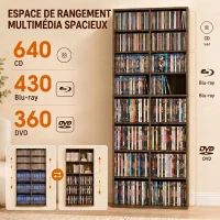 HOMCOM Rangements pour CD et DVD 18 compartiments capacité max. 640 CD/360 DVD 430 Blu-ray 78,5 x 24 x 175 cm noyer foncé(m-4)