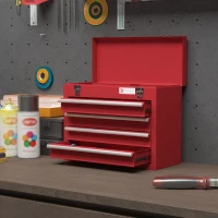 DURHAND Cassetta Porta Attrezzi in Acciaio con 4 Cassetti, Vassoio Superiore a Doppia Serratura, 51x22x39.5 cm, Rosso(m-7)
