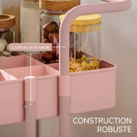HOMCOM Chariot à 3 niveaux desserte avec 4 crochets et 3 boîtes suspendues amovibles pour 42 x 38 x 86,5 cm rose(m-7)