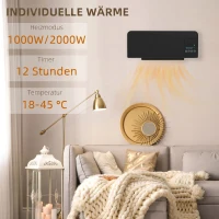 HOMCOM Elektro-Heizung, Wandmontage, Schwingfunktion, 2 Modi, Timer, LED-Anzeige, Schwarz(m-4)