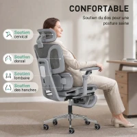 HOMCOM Chaise Bureau Ergonomique avec Accoudoirs 6D Appui-Tête et Profondeur d'Assise Réglables Maille Gris(m-4)