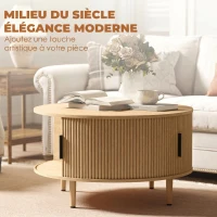 HOMCOM Table Basse Ronde 80 cm avec Plateau Relevable et Rangement Caché, Porte Coulissante à Rainures, Bois Naturel(m-5)