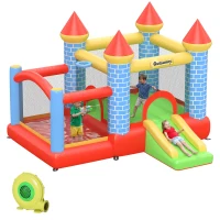 Outsunny opblaasbaar springkasteel met glijbaan voor 3 kinderen springkasteel met blazer speelkasteel, rood, blauw, groen 280 x 260 x 210 cm(m-11)