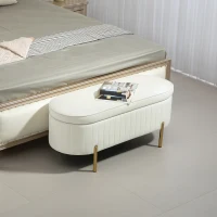 HOMCOM Panca Contenitore Ovale da 72L con Coperchio Sollevabile, in Tessuto Vellutato e Legno, 108x44x43.5 cm, Crema(m-10)
