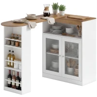HOMCOM Mesa de Bar Extensible y Giratoria 90° con Estantes Abiertos y 2 Puertas de Vidrio 150x80x105,5 cm Blanco y Natural(m-11)