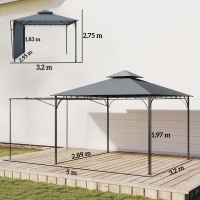 Outsunny Pavillon 3,2x3,2 m Stabil Winterfest Gartenpavillon mit ausziehbaren Dachüberstand, Doppeldach Dunkelgrau(m-3)