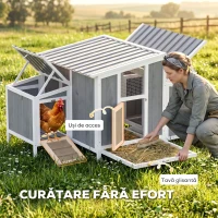 PawHut Cotet din lemn pentru găini cu ușă încuiabilă, cuib, acoperiș PET impermeabil pentru 3-4 găini, 145x90x92 cm, Gri(m-6)