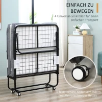 HOMCOM Logeerbed, Klapbed, Reisbed met Wielen, Matras, Staal, Wit+Zwart(m-7)