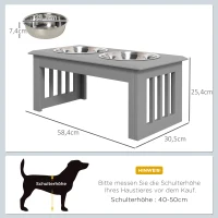 PawHut Honden Voederstation met 2 Roestvrijstalen Bakken, Antislip, 58,4x30,5x25,4cm, Grijs(m-3)