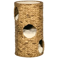 PawHut Tonneau à Gratter pour Chat 3 Niveaux, Coussins, Tressage en Jacinthe d'Eau, Cadre en Acier, Ø 40 x 73 cm, Marron Clair(m-7)