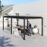 Outsunny Pergola 3 x 6 m  pergola d'extérieur tonnelle avec persiennes manivelle, toit réglable en aluminium crochets gris foncé(m-3)
