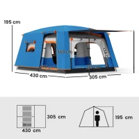 Outsunny Tienda de Campaña Familiar 4 Personas con 2 Habitaciones Zona de Estar y Protección Impermeable 430x305 cm Gris y Azul(m-3)