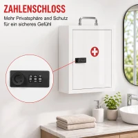 HOMCOM Szafka na leki do montażu na ścianie z zamkiem szyfrowym, 3 poziomy, zamykana stalowa apteczka, Biały(m-4)