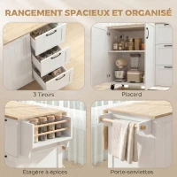HOMCOM Îlot Central Cuisine avec Plateau Rabattable 2 Prises et 2 Ports USB Desserte de Cuisine sur Roulettes 3 Tiroirs Blanc(m-6)