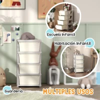 HOMCOM Torre de Almacenamiento Infantil con 4 Cajones para Niños de +3 Años con Bordes Redondeados y Asas 37x37x76 cm Crema(m-6)