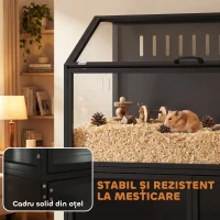 PawHut Cușcă Hamster 2-în-1 cu Dulap de Depozitare pentru Rozătoare Hamster Sirian și Șoareci Oțel și Acrilic Negru(m-7)