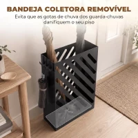 HOMCOM Suporte para Guarda-Chuvas em Aço Galvanizado, Estreito, com Tabuleiro Recolhe-Gotas Amovível, 4 Ganchos, 28x14x41 cm, Preto(m-6)