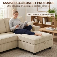 HOMCOM Canapé 3 Places avec Pouf de Rangement, Canapé d'Angle en Velours Côtelé, Assise Large, 2 Coussins, Beige(m-6)