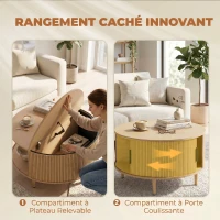 HOMCOM Table Basse Ronde 80 cm avec Plateau Relevable et Rangement Caché, Porte Coulissante à Rainures, Bois Naturel(m-4)