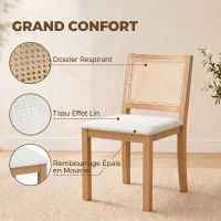 HOMCOM Lot de 2 chaises de salle à manger, chaises de cuisine avec assise rembourrée, dossier effet rotin, crème et chêne(m-6)