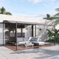 Outsunny  Cenador de Jardín 4x3 m Pérgola Montado en Pared con Toldo y 16 Orificios de Drenaje Marco de Metal y Poliéster 180 g/m² para Patio Terraza Gris(m-2)