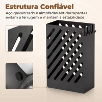 HOMCOM Suporte para Guarda-Chuvas em Aço Galvanizado, Estreito, com Tabuleiro Recolhe-Gotas Amovível, 4 Ganchos, 28x14x41 cm, Preto(m-4)