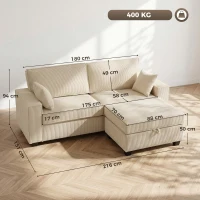 HOMCOM Canapé 3 Places avec Pouf de Rangement, Canapé d'Angle en Velours Côtelé, Assise Large, 2 Coussins, Beige(m-3)