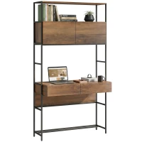 HOMCOM Computertisch mit Regalen und 2 Schubladen für das Home Office, 185 cm hoch, Braun Holzoptik(m-11)