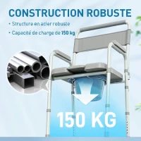 HOMCOM Chaise percée toilette pliable antidérapante hauteur réglable, siège et accoudoirs rembourrés, charge 150 kg, Gris(m-5)