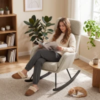 HOMCOM Fauteuil à Bascule, Rocking Chair en Velours Côtelé avec Dossier Haut et Accoudoirs, Pieds en Bois d'hévéa, Beige(m-10)
