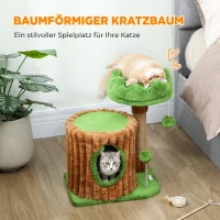 PawHut Kratzbaum 53 cm hoch Katzenbaum mit Höhle, Baumstamm-Design, Jutestämme, 2 Bälle  für 1-2 Katzen unter 5 kg, Braun+Grün(m-4)