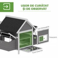 PawHut Coteț mare pentru 7-10 găini, bățuri de cocoțat, leagăn, fereastră, cuiburi, plasă metalică, gri(m-7)