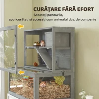 PawHut Cușcă pentru Hamster din Lemn, 3 Niveluri cu Căsuță, Roată, Rampe, Panou Transparent, Spații Separate, 80x50x84cm, Gri(m-7)