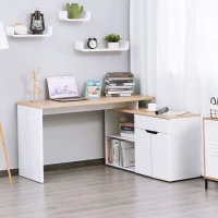 HOMCOM Birou Colțar cu Bibliotecă cu 2 Etajere, Dulap și Sertar, 140x117x76 cm, Culoare Lemn și Alb(m-10)
