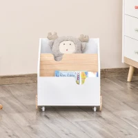 HOMCOM Kinderbücherregal mit Räder Bücherregal für Kinder Aufbewahrungsregal Spielzeugregal mit großem Stauraum MDF Kiefernholz Metall Kunststoff Weiß+Naturholz 40 x 43 x 43 cm(m-7)