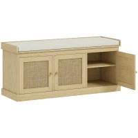 HOMCOM Banc chaussures entrée 9 paires, banc de rangement, 3 portes en rotin, coussin et étagère réglable, 105x35x47cm, chêne(m-1)