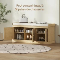 HOMCOM Banc chaussures entrée 9 paires, banc de rangement, 3 portes en rotin, coussin et étagère réglable, 105x35x47cm, chêne(m-6)