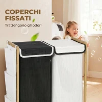 HOMCOM Cesto Portabiancheria 2 Scomparti 120L con Coperchi, Tasche Laterali, Sacchi Estraibili per Camera da Letto(m-5)