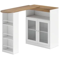 HOMCOM Mesa de Bar Extensible y Giratoria 90° con Estantes Abiertos y 2 Puertas de Vidrio 150x80x105,5 cm Blanco y Natural(m-1)